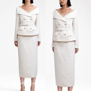 NWT Self-Portrait Boucle Blazer Midi Dress Cream Off Shoulder Double Breasted
